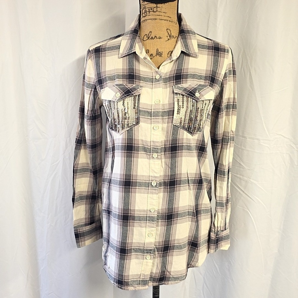 Mudd Womens sz S Top Button Up Long Sleeve Plaid Sequin Pockets Western Boho y2k
